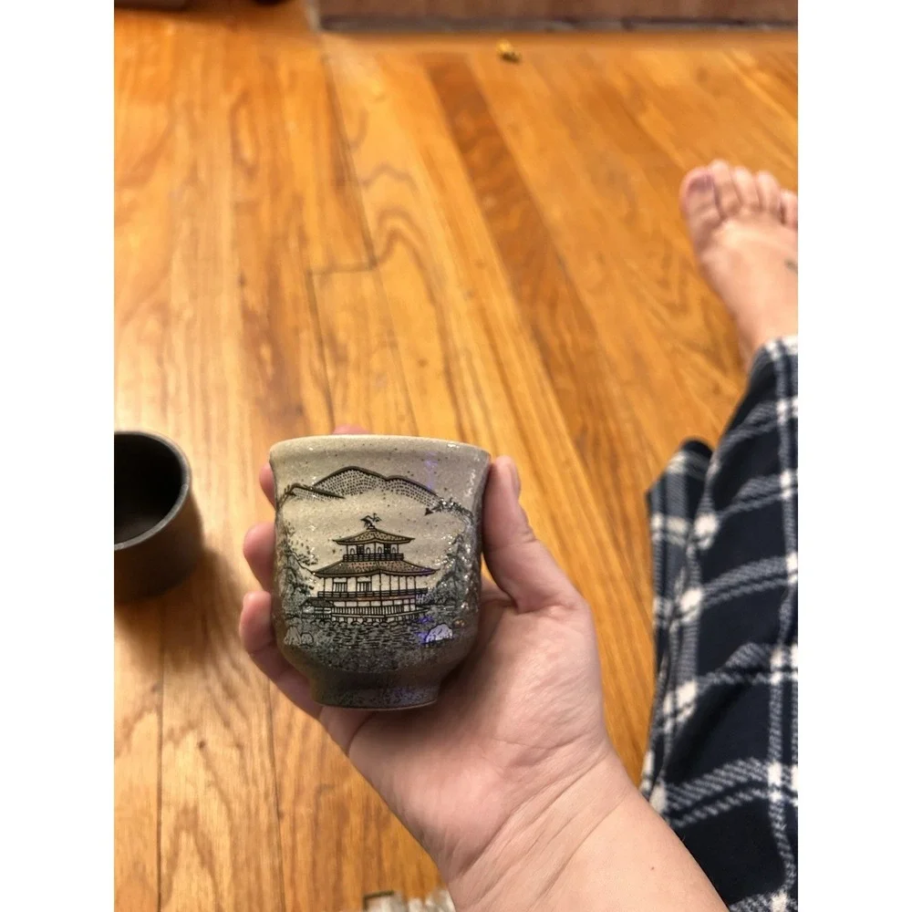 Vintage Japanese Yunomi Tea Cups Set of 2 Sansui 山水‎ Landscape Pottery